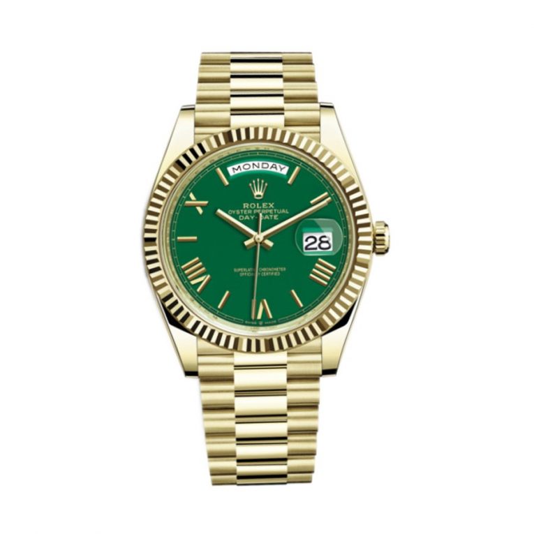 Rolex Day Date 228238-0061 - 40mm - Green Dial With Baguette Diamonds - President Yellow Gold 18K