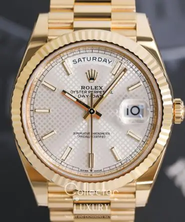 Alternative view of Rolex Day Date 228238-0008 - 40mm - slive diagonal motif  - President Yellow Gold 18K