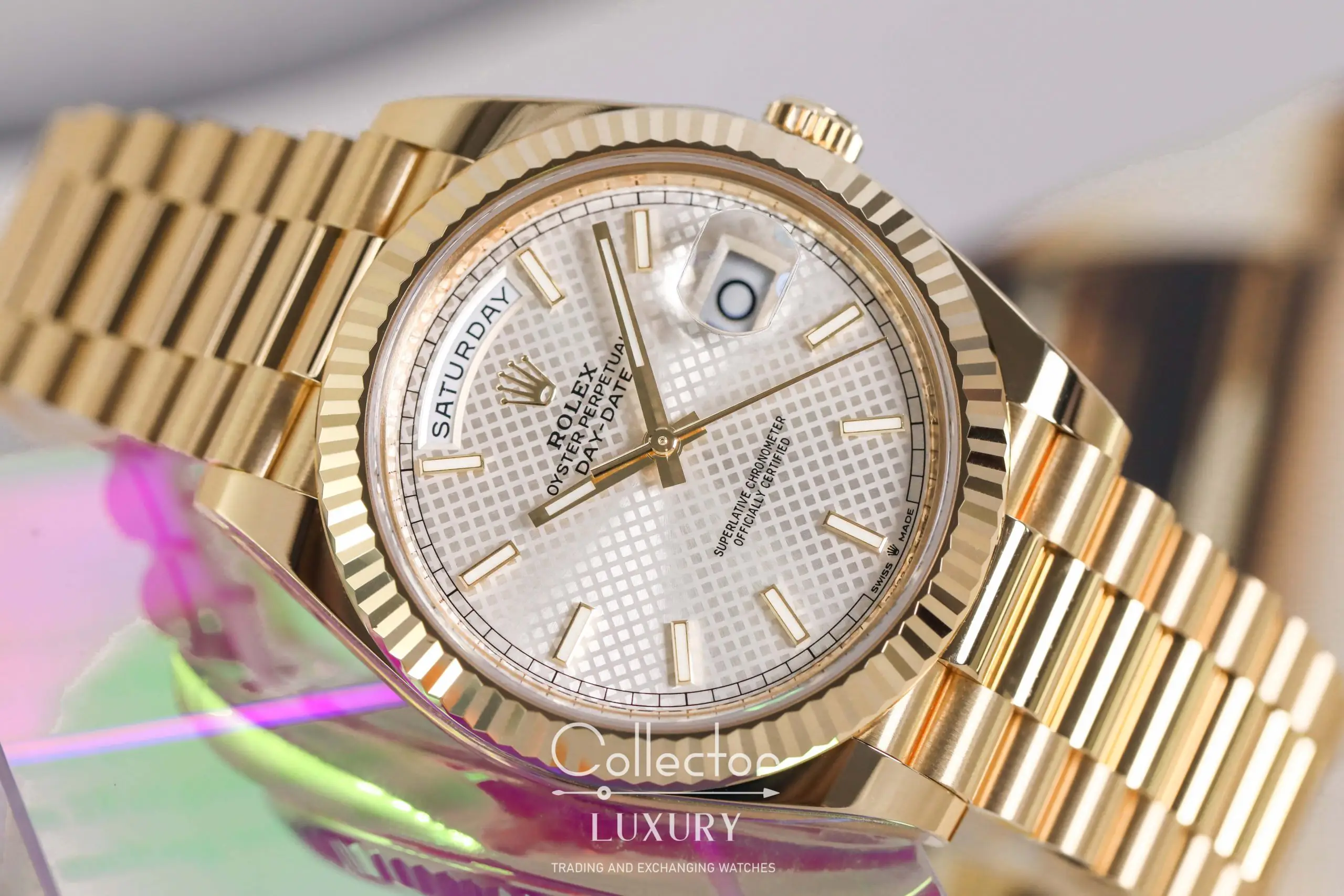 Rolex Day Date 228238-0008 - 40mm - slive diagonal motif  - President Yellow Gold 18K - Ảnh 4